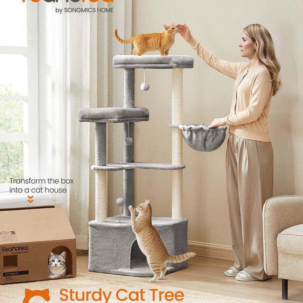 Cat Tree Tower – Engineered Wood – Dove Grey – Large Cave, Perches, and Scratching Posts