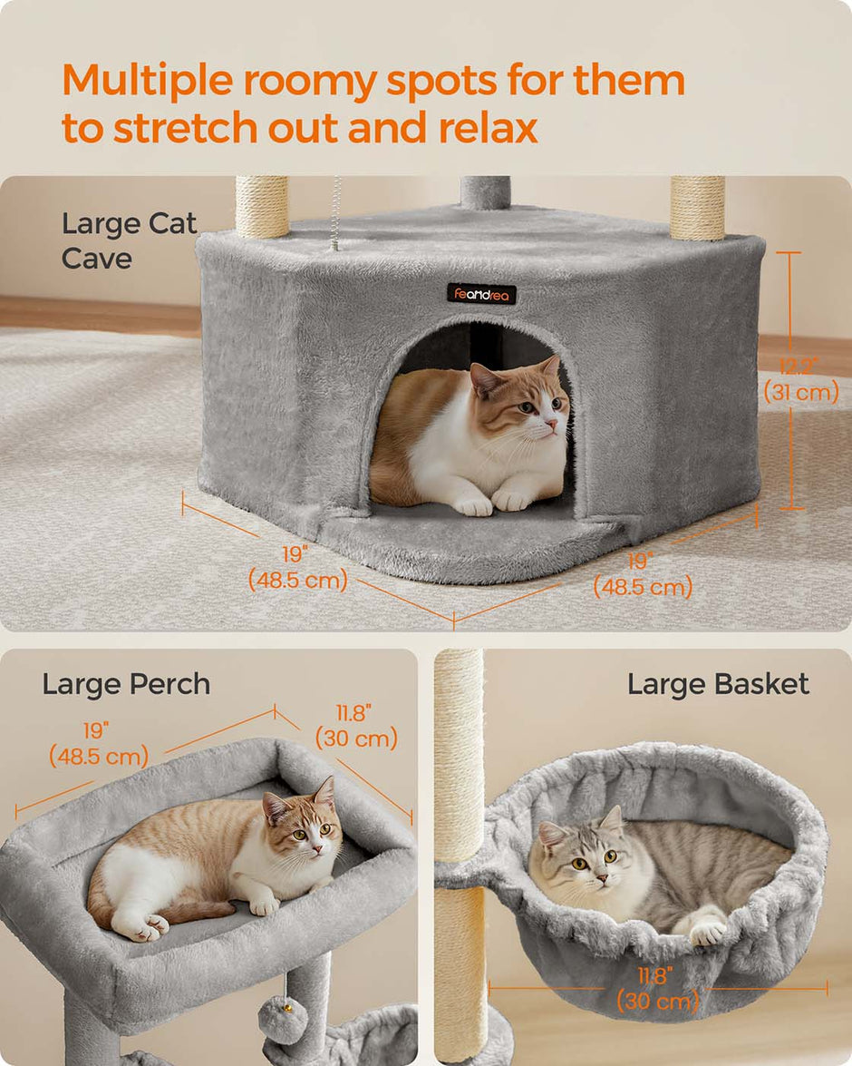 Cat Tree Tower – Engineered Wood – Dove Grey – Large Cave, Perches, and Scratching Posts
