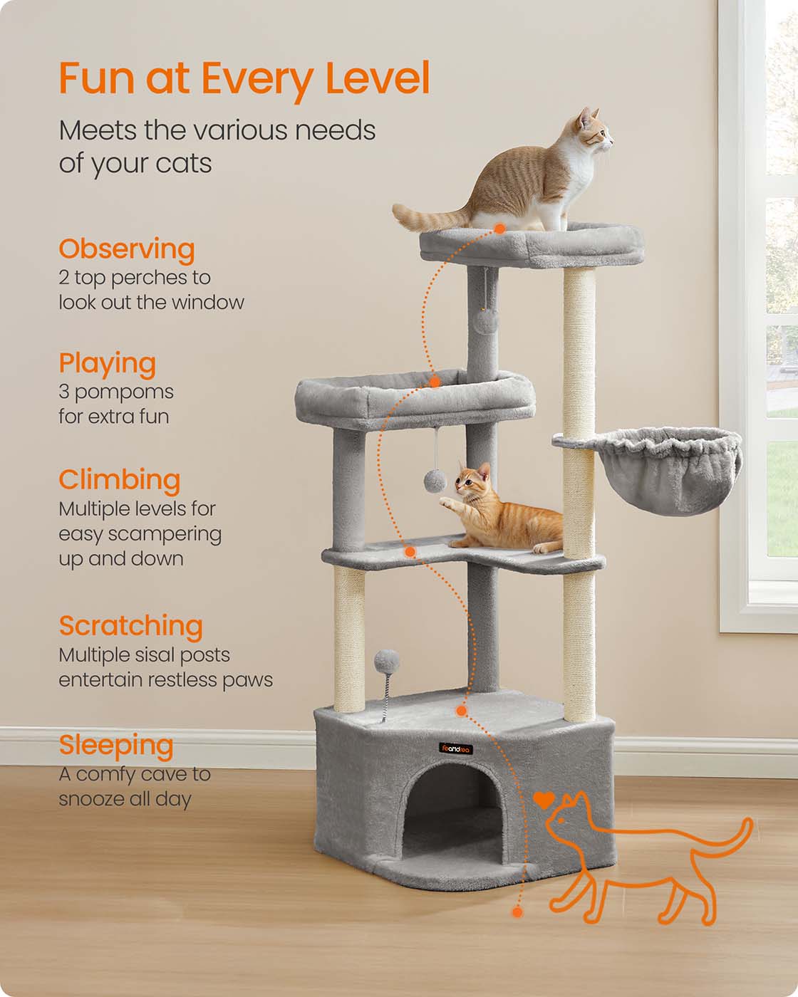 Cat Tree Tower – Engineered Wood – Dove Grey – Large Cave, Perches, and Scratching Posts
