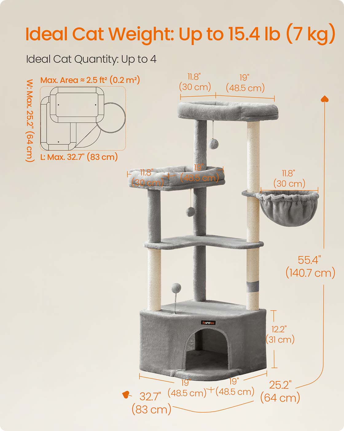 Cat Tree Tower – Engineered Wood – Dove Grey – Large Cave, Perches, and Scratching Posts