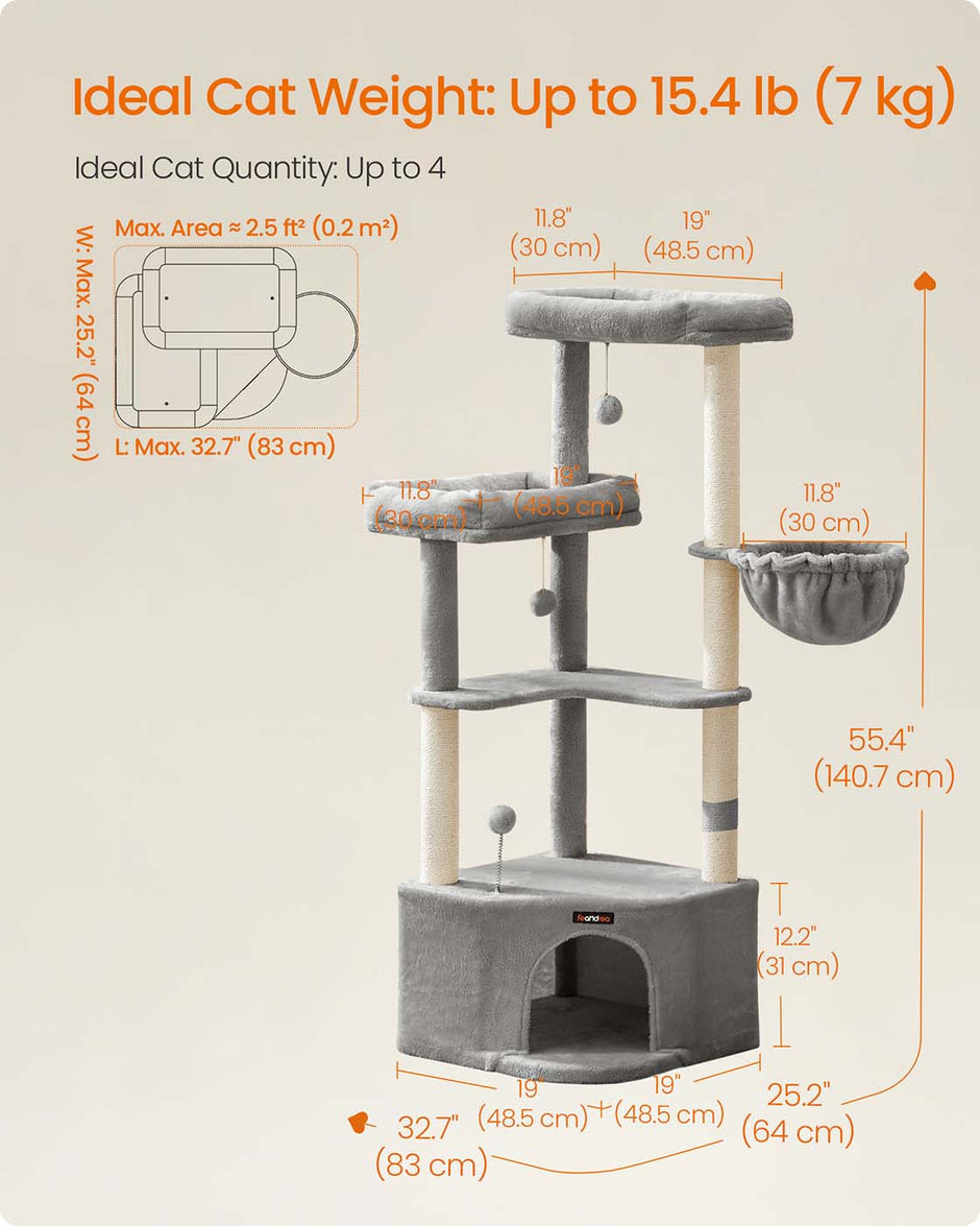 Cat Tree Tower – Engineered Wood – Dove Grey – Large Cave, Perches, and Scratching Posts