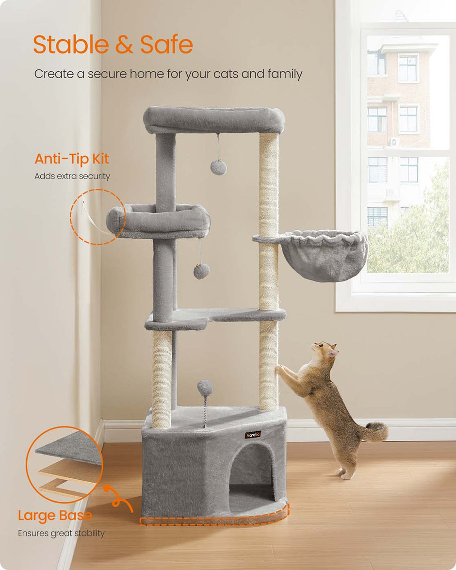 Cat Tree Tower – Engineered Wood – Dove Grey – Large Cave, Perches, and Scratching Posts