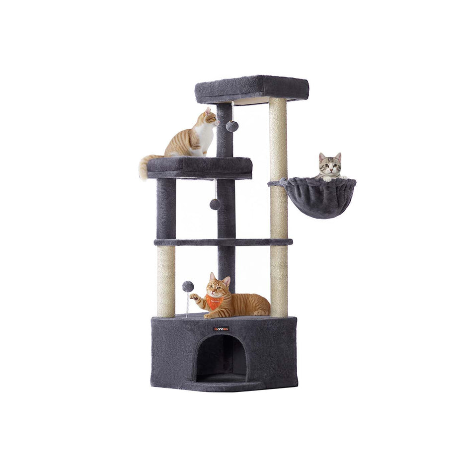 Cat Tree Tower – Engineered Wood – Dove Grey – Large Cave, Perches, and Scratching Posts