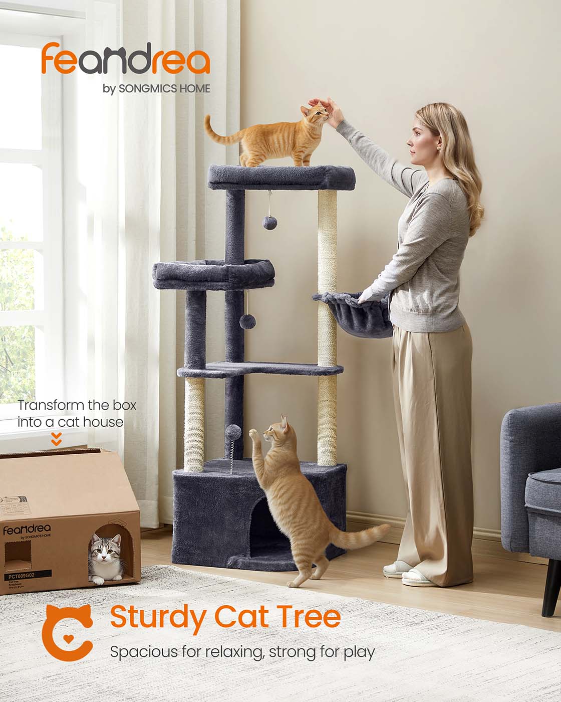 Cat Tree Tower – Engineered Wood – Dove Grey – Large Cave, Perches, and Scratching Posts