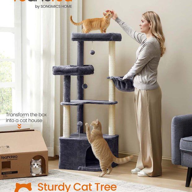Cat Tree Tower – Engineered Wood – Dove Grey – Large Cave, Perches, and Scratching Posts