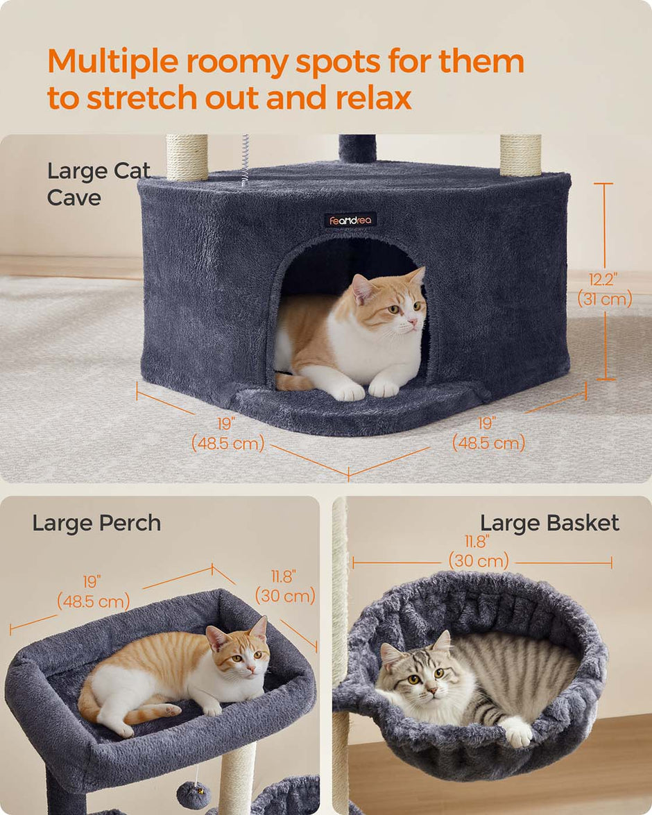 Cat Tree Tower – Engineered Wood – Dove Grey – Large Cave, Perches, and Scratching Posts