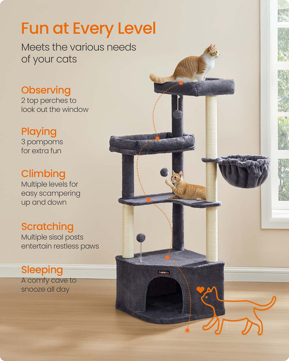 Cat Tree Tower – Engineered Wood – Dove Grey – Large Cave, Perches, and Scratching Posts