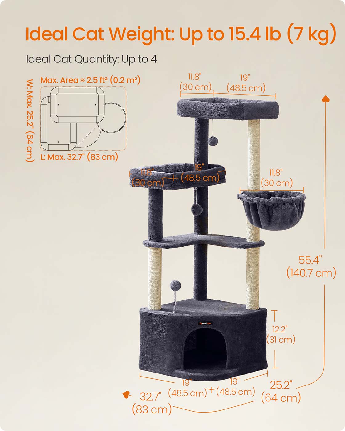 Cat Tree Tower – Engineered Wood – Dove Grey – Large Cave, Perches, and Scratching Posts