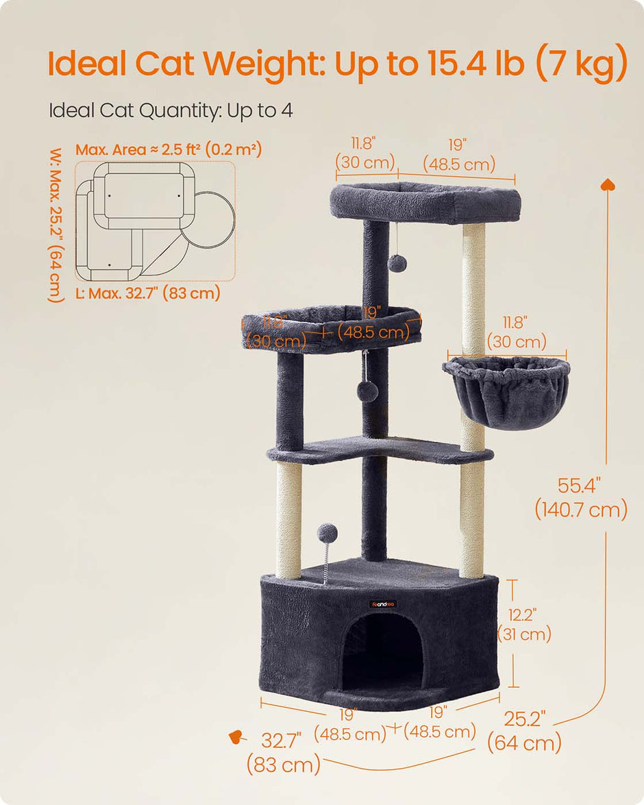 Cat Tree Tower – Engineered Wood – Dove Grey – Large Cave, Perches, and Scratching Posts