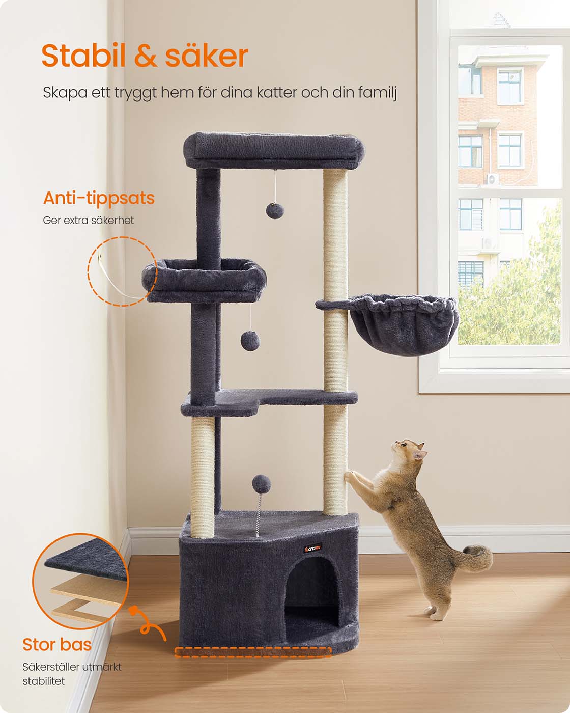 Cat Tree Tower – Engineered Wood – Dove Grey – Large Cave, Perches, and Scratching Posts