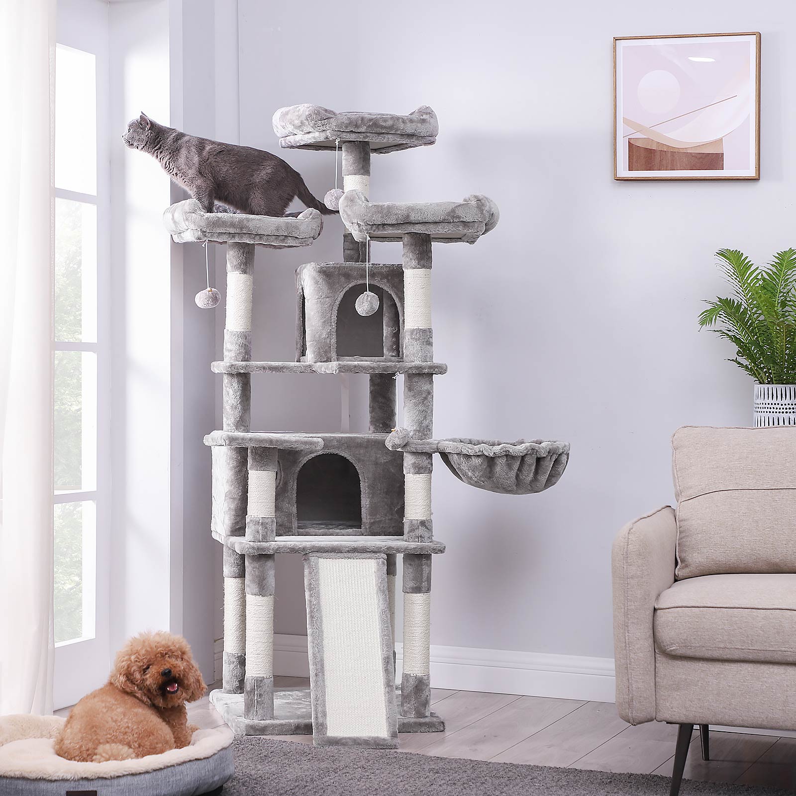 Cat Tree – Wood and Fabric – Light Grey – XXL Design 168 cm