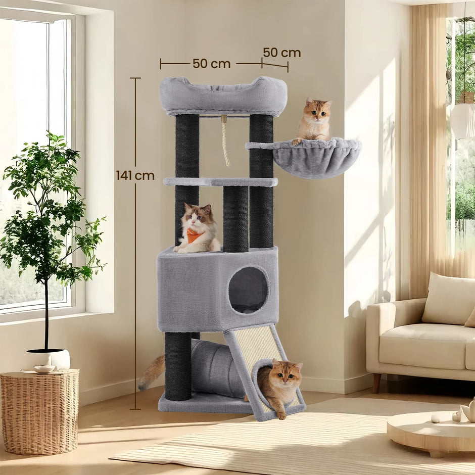 Large Cat Tree – Plush Fabric – Light Grey – With Scratching Post and Cuddle Cave