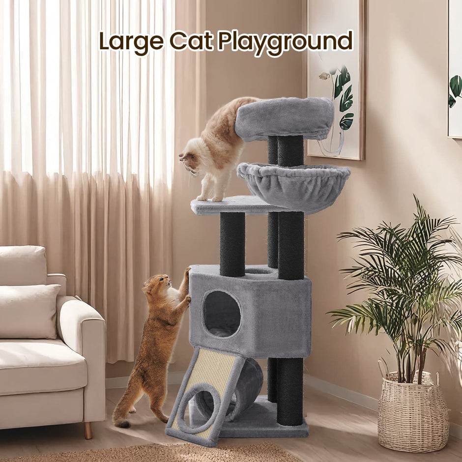 Large Cat Tree – Plush Fabric – Light Grey – With Scratching Post and Cuddle Cave