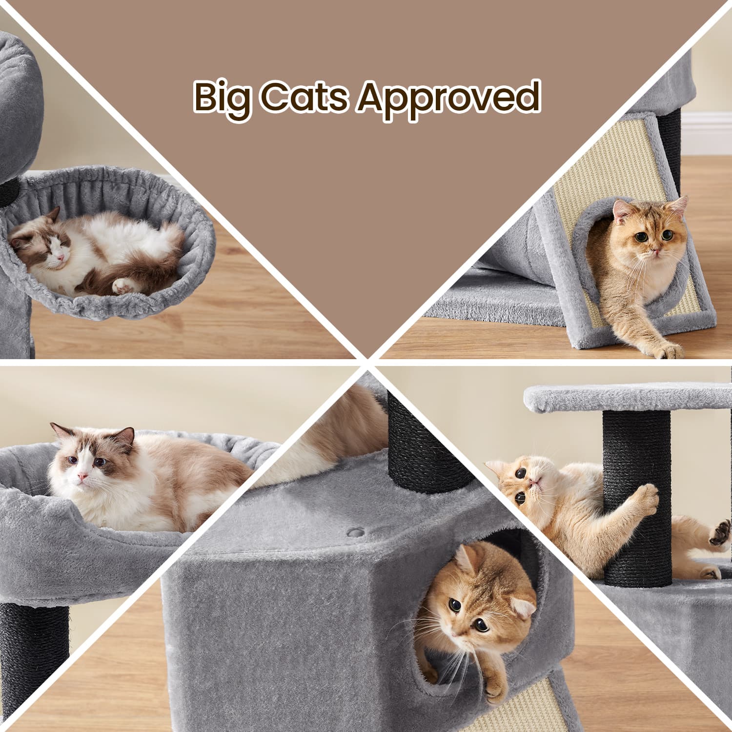 Large Cat Tree – Plush Fabric – Light Grey – With Scratching Post and Cuddle Cave