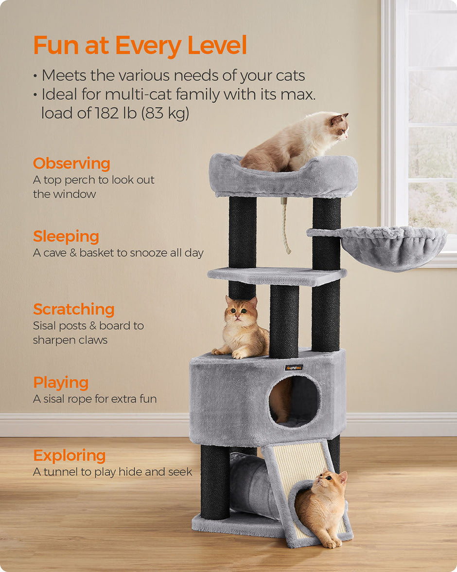 Large Cat Tree – Plush and Sisal – Light Grey – Stable with Perch, Basket Lounger, and Cuddle Cave