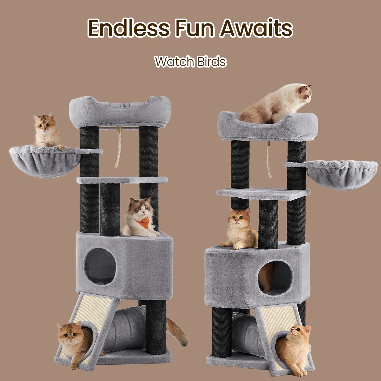 Large Cat Tree – Plush Fabric – Light Grey – With Scratching Post and Cuddle Cave