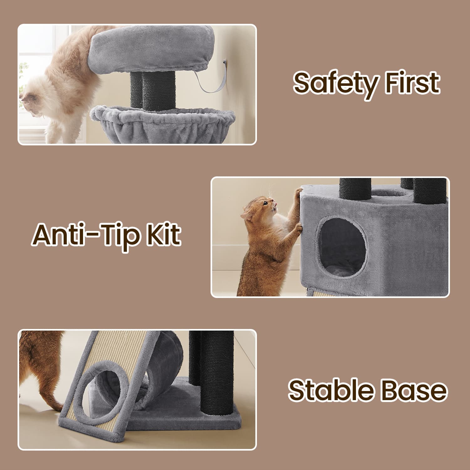 Large Cat Tree – Plush Fabric – Light Grey – With Scratching Post and Cuddle Cave