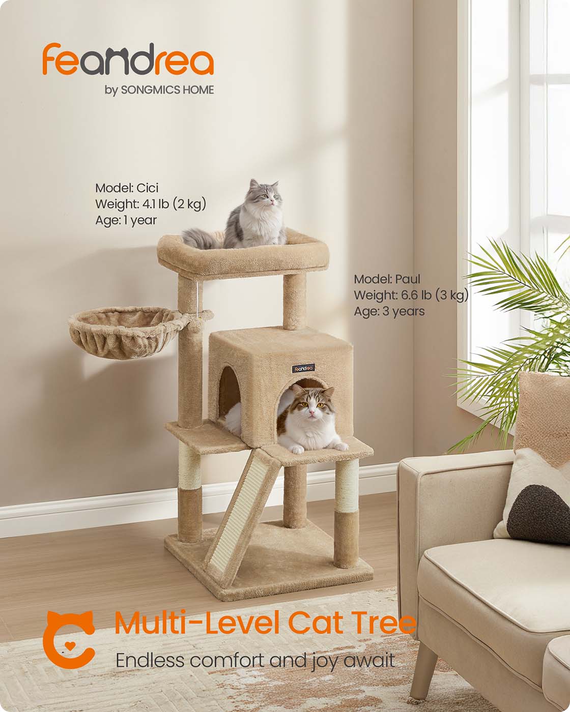 Cat Tree – Engineered Wood – Camel Brown – Spacious Widened Perch for Large Cats