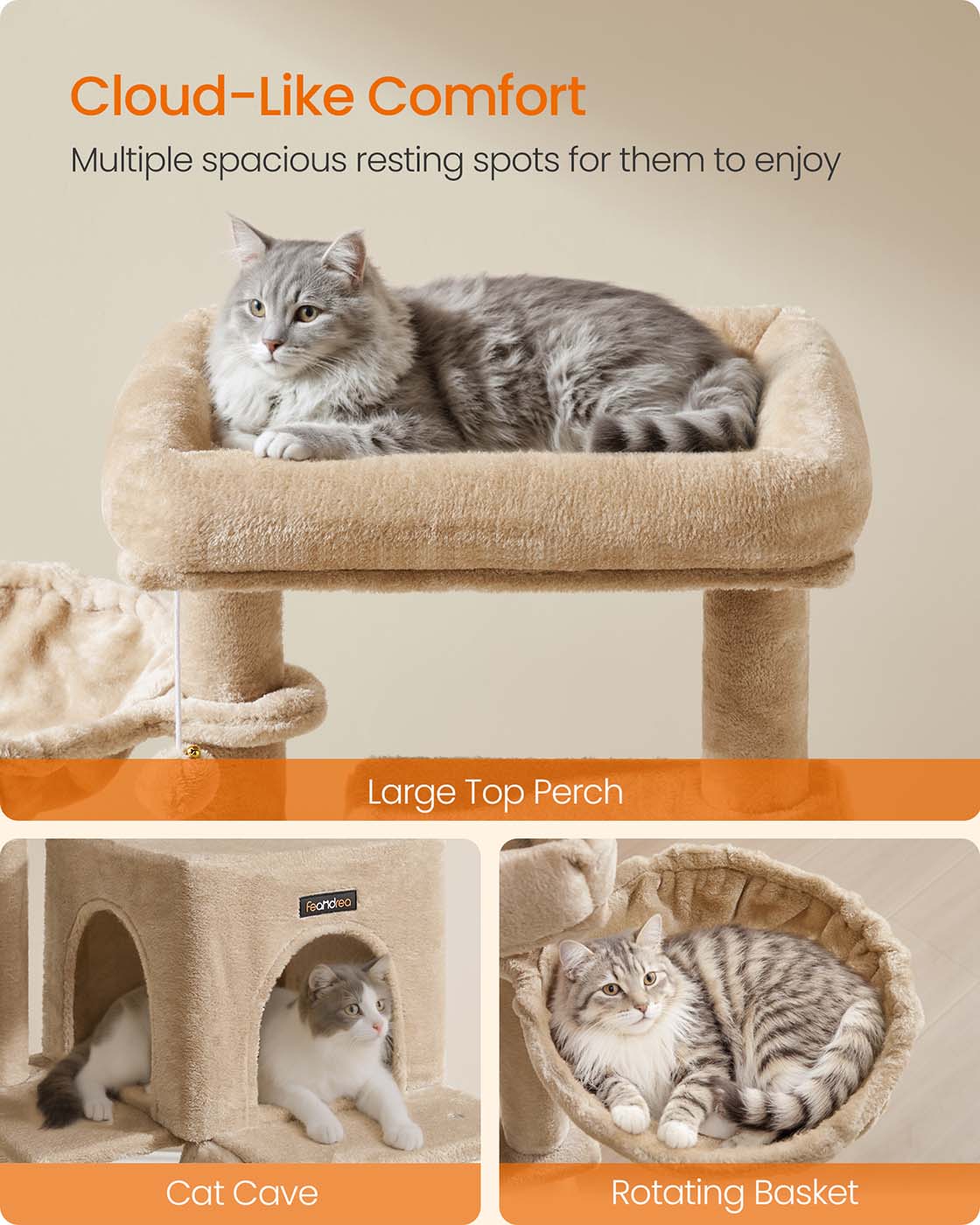 Cat Tree – Engineered Wood – Camel Brown – Spacious Widened Perch for Large Cats