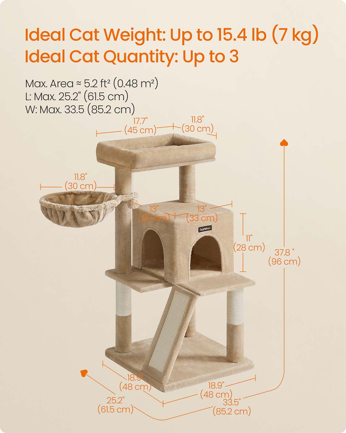 Cat Tree – Engineered Wood – Camel Brown – Spacious Widened Perch for Large Cats