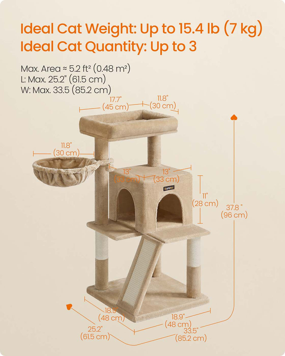 Cat Tree – Engineered Wood – Camel Brown – Spacious Widened Perch for Large Cats