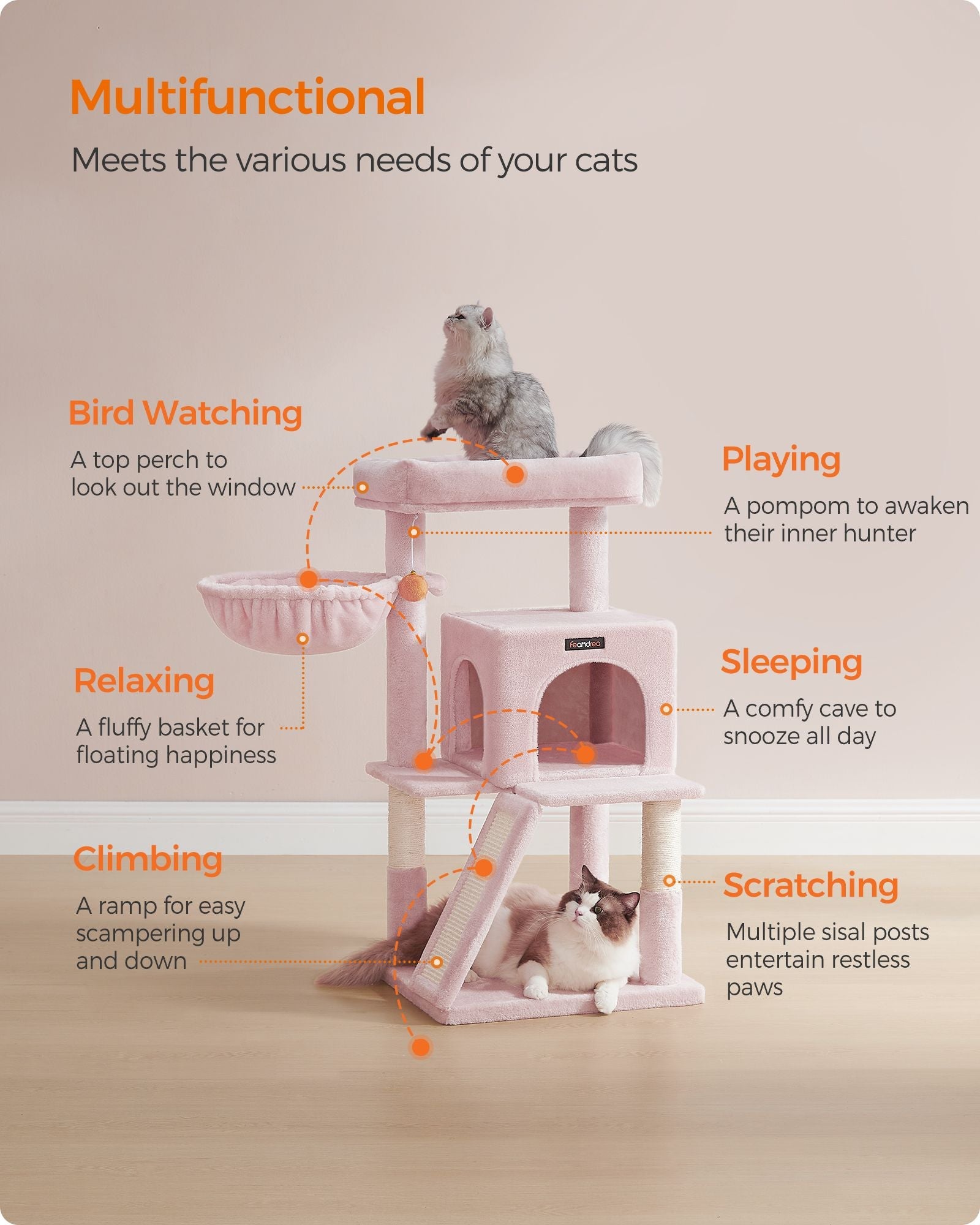 Cat Tree – Engineered Wood – Jelly Pink – Widened Perch for Large Cats