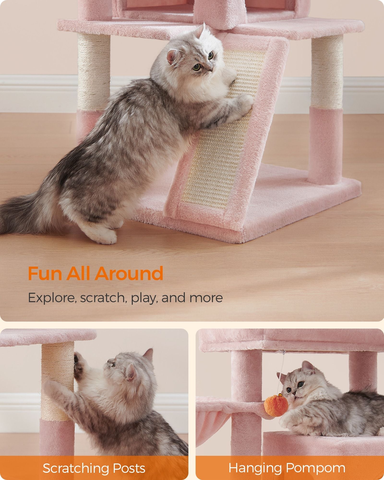 Cat Tree – Engineered Wood – Jelly Pink – Widened Perch for Large Cats