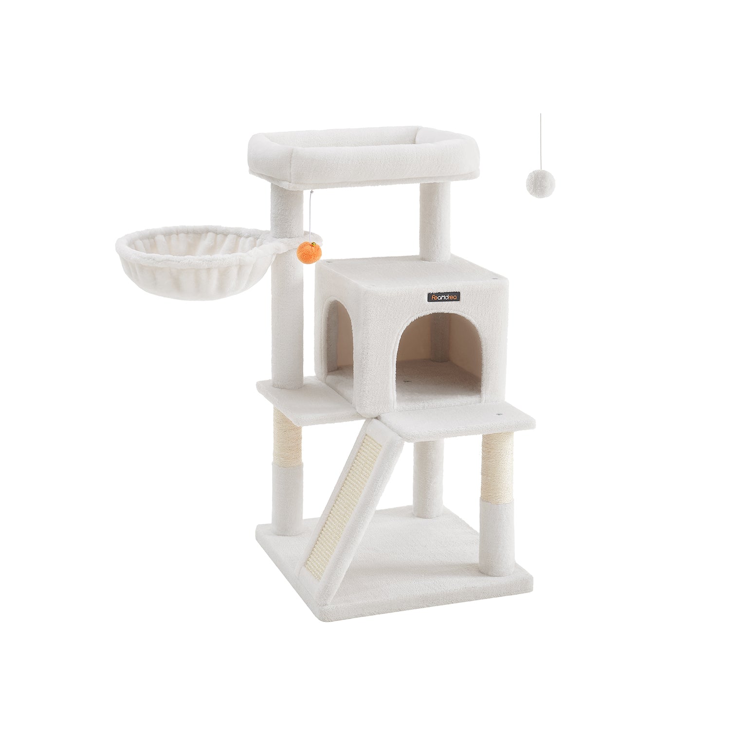 Cat Tree – Engineered Wood and Faux Fleece – Cream White – Widened Perch for Large Cats