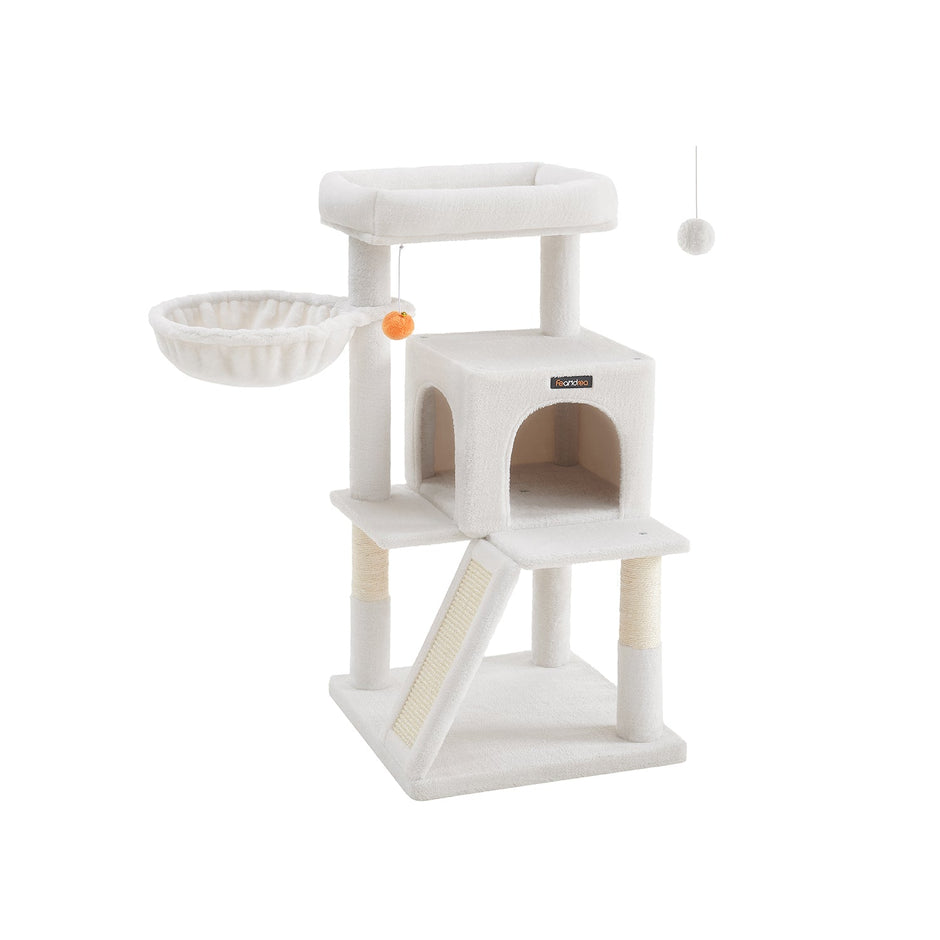 Cat Tree – Engineered Wood and Faux Fleece – Cream White – Widened Perch for Large Cats