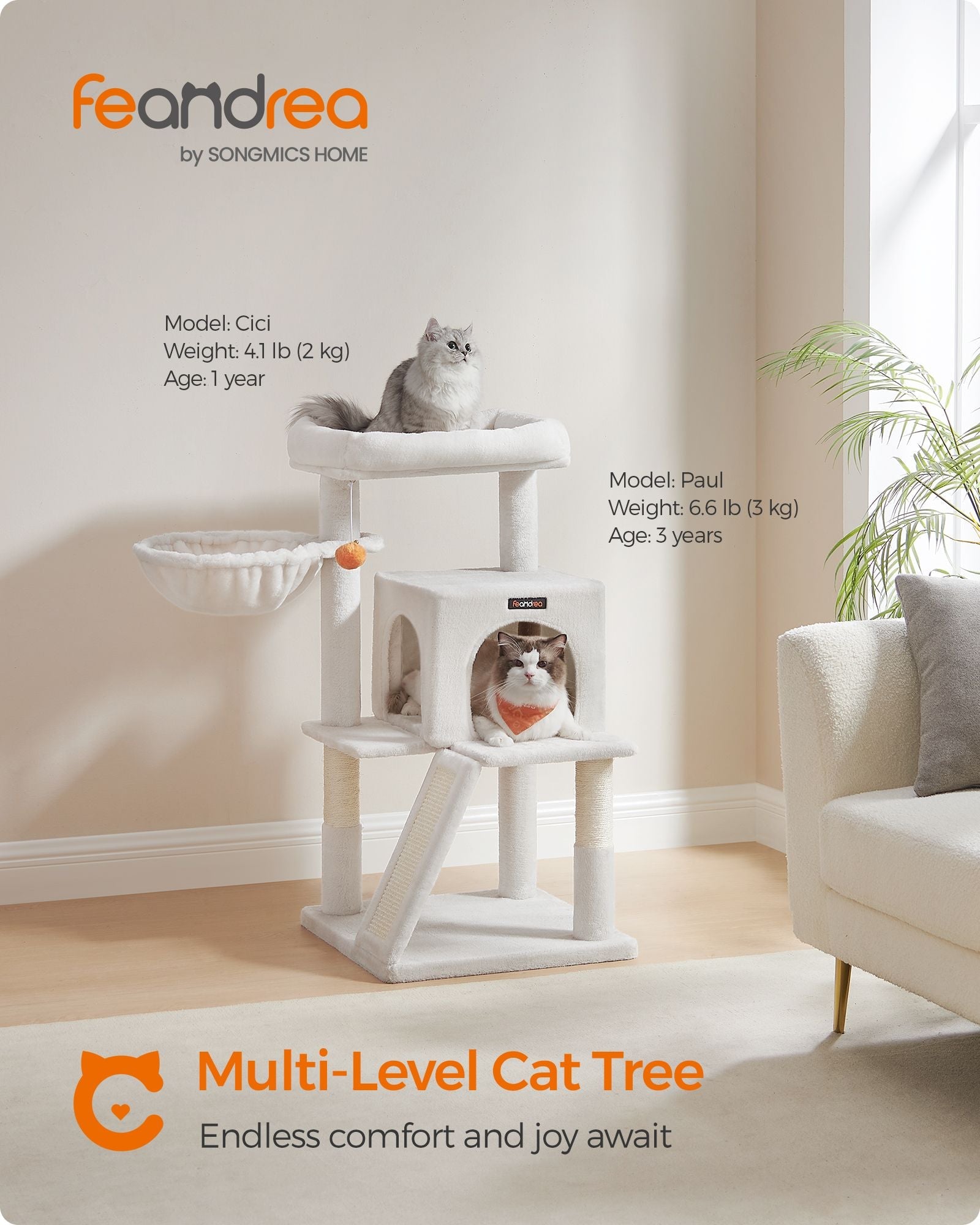 Cat Tree – Engineered Wood and Faux Fleece – Cream White – Widened Perch for Large Cats