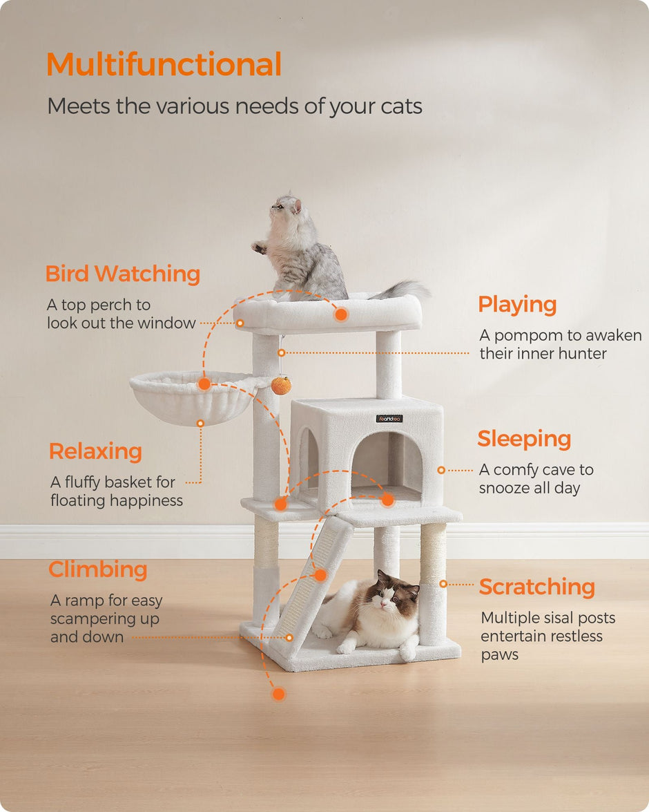 Cat Tree – Engineered Wood and Faux Fleece – Cream White – Widened Perch for Large Cats