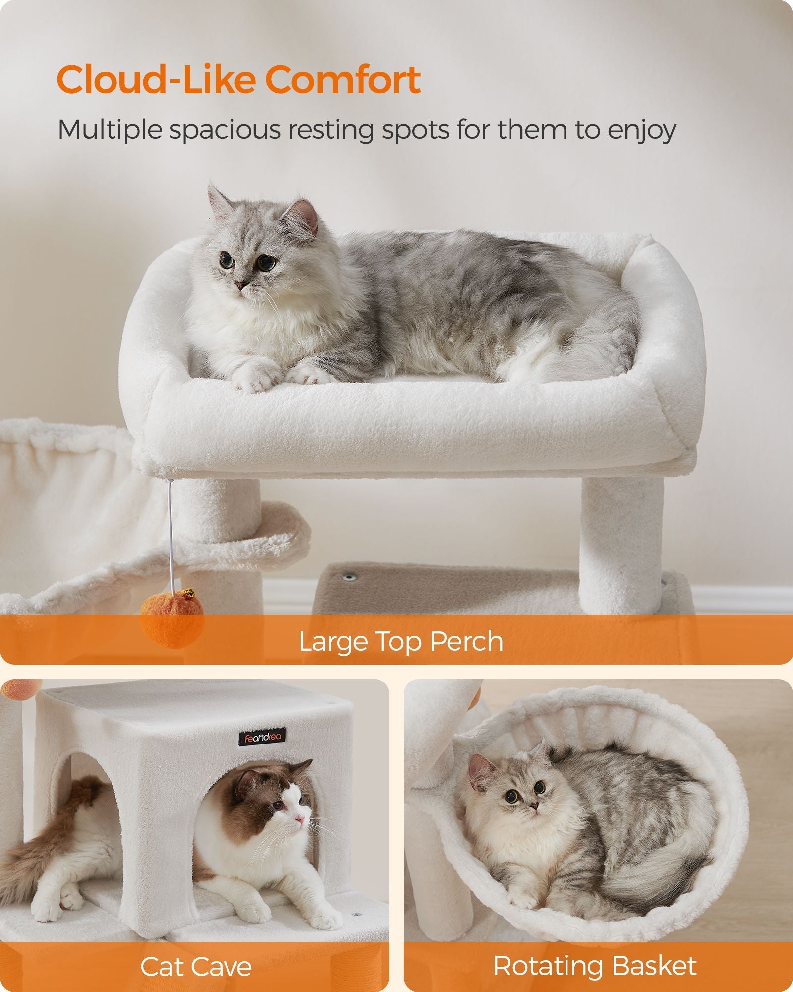 Cat Tree – Engineered Wood and Faux Fleece – Cream White – Widened Perch for Large Cats