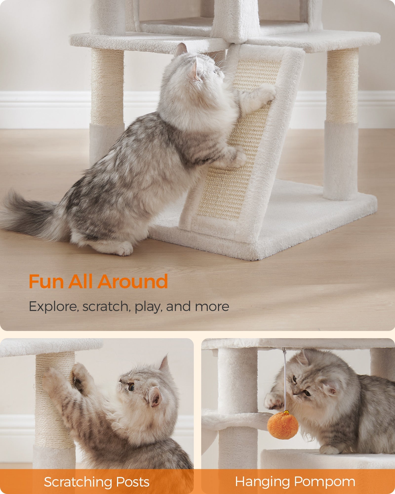 Cat Tree – Engineered Wood and Faux Fleece – Cream White – Widened Perch for Large Cats