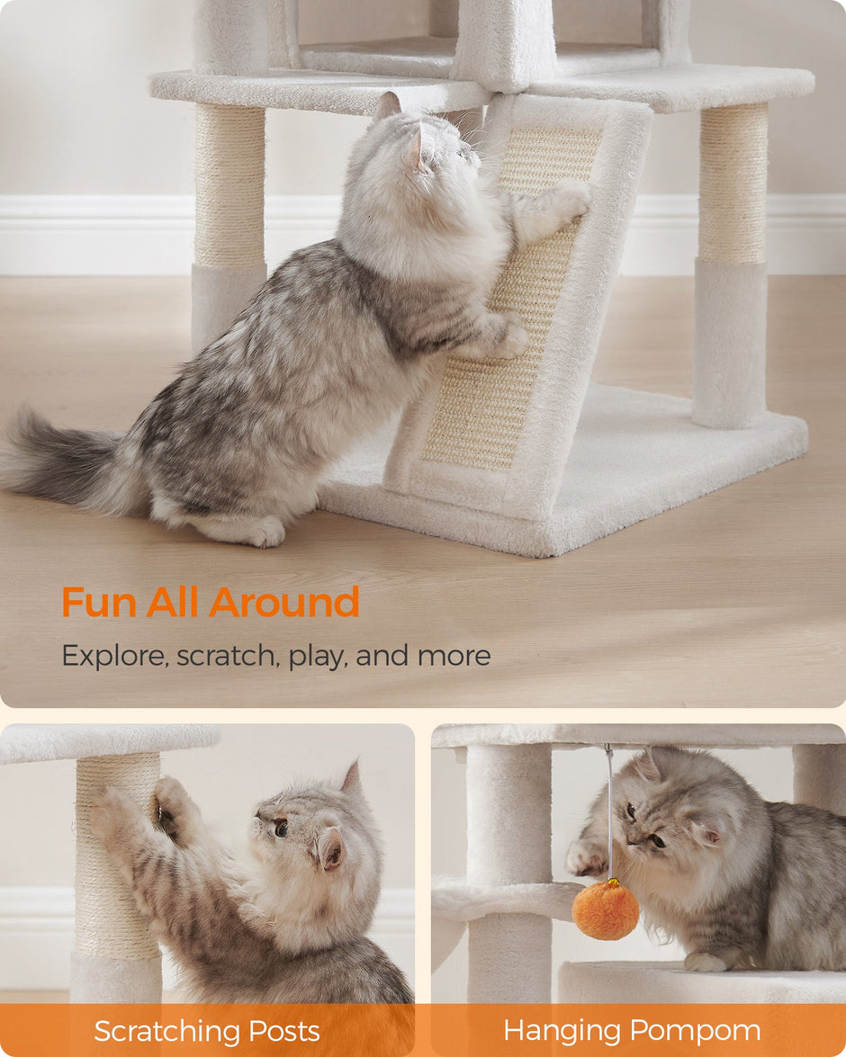 Cat Tree – Engineered Wood and Faux Fleece – Cream White – Widened Perch for Large Cats