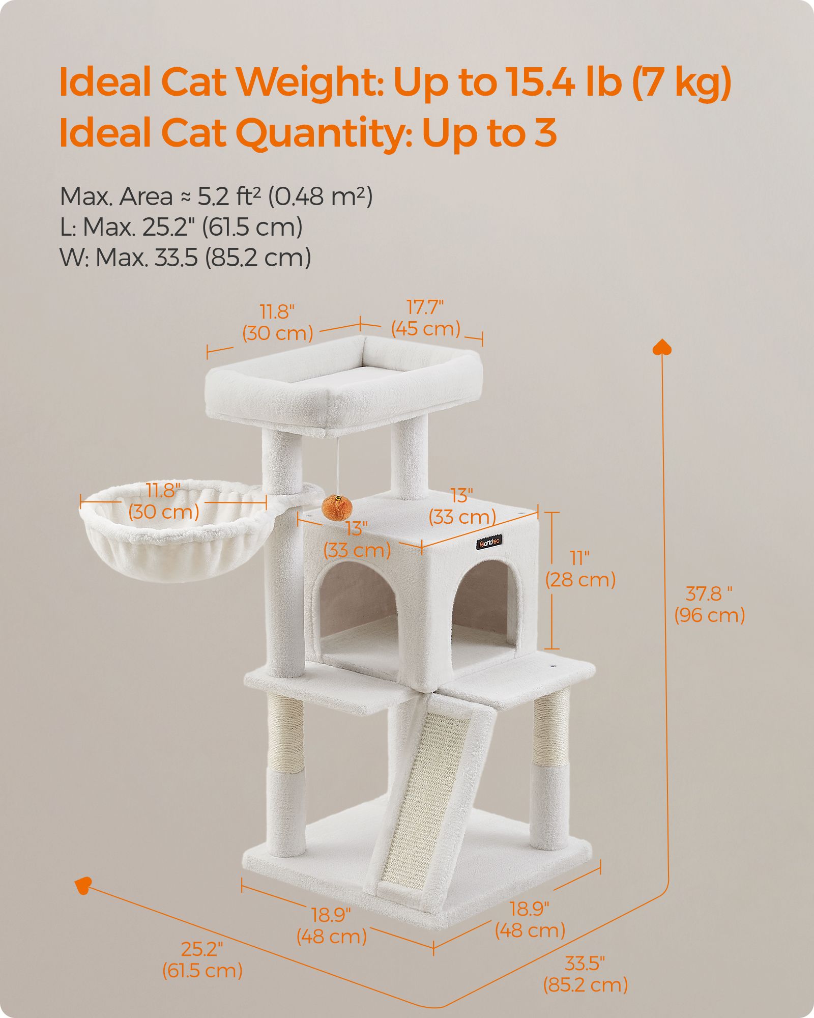 Cat Tree – Engineered Wood and Faux Fleece – Cream White – Widened Perch for Large Cats