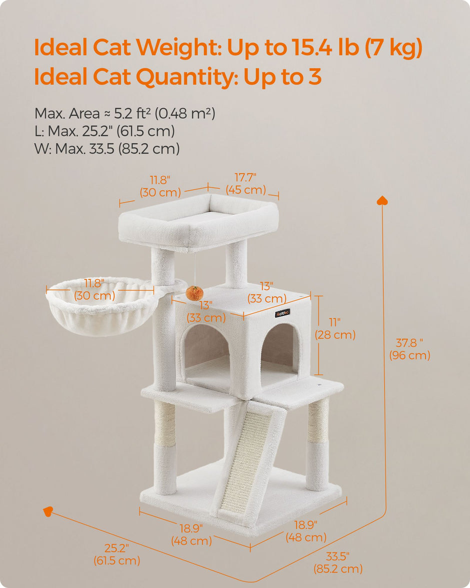 Cat Tree – Engineered Wood and Faux Fleece – Cream White – Widened Perch for Large Cats