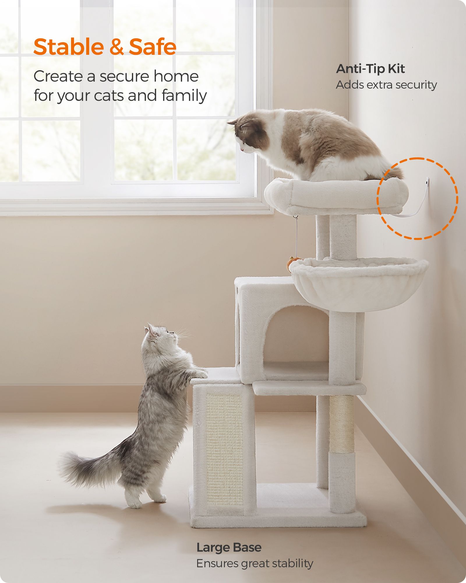 Cat Tree – Engineered Wood and Faux Fleece – Cream White – Widened Perch for Large Cats