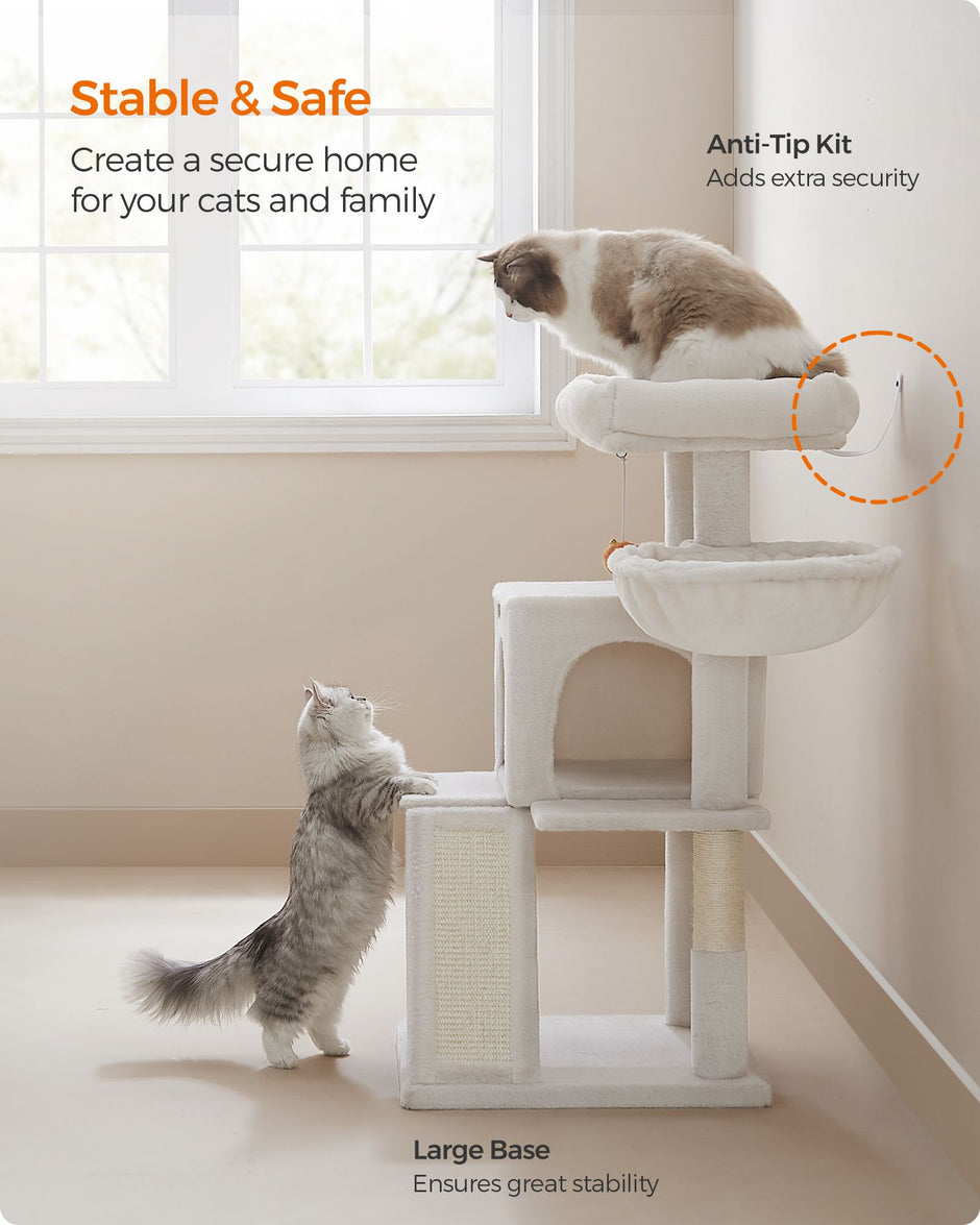 Cat Tree – Engineered Wood and Faux Fleece – Cream White – Widened Perch for Large Cats