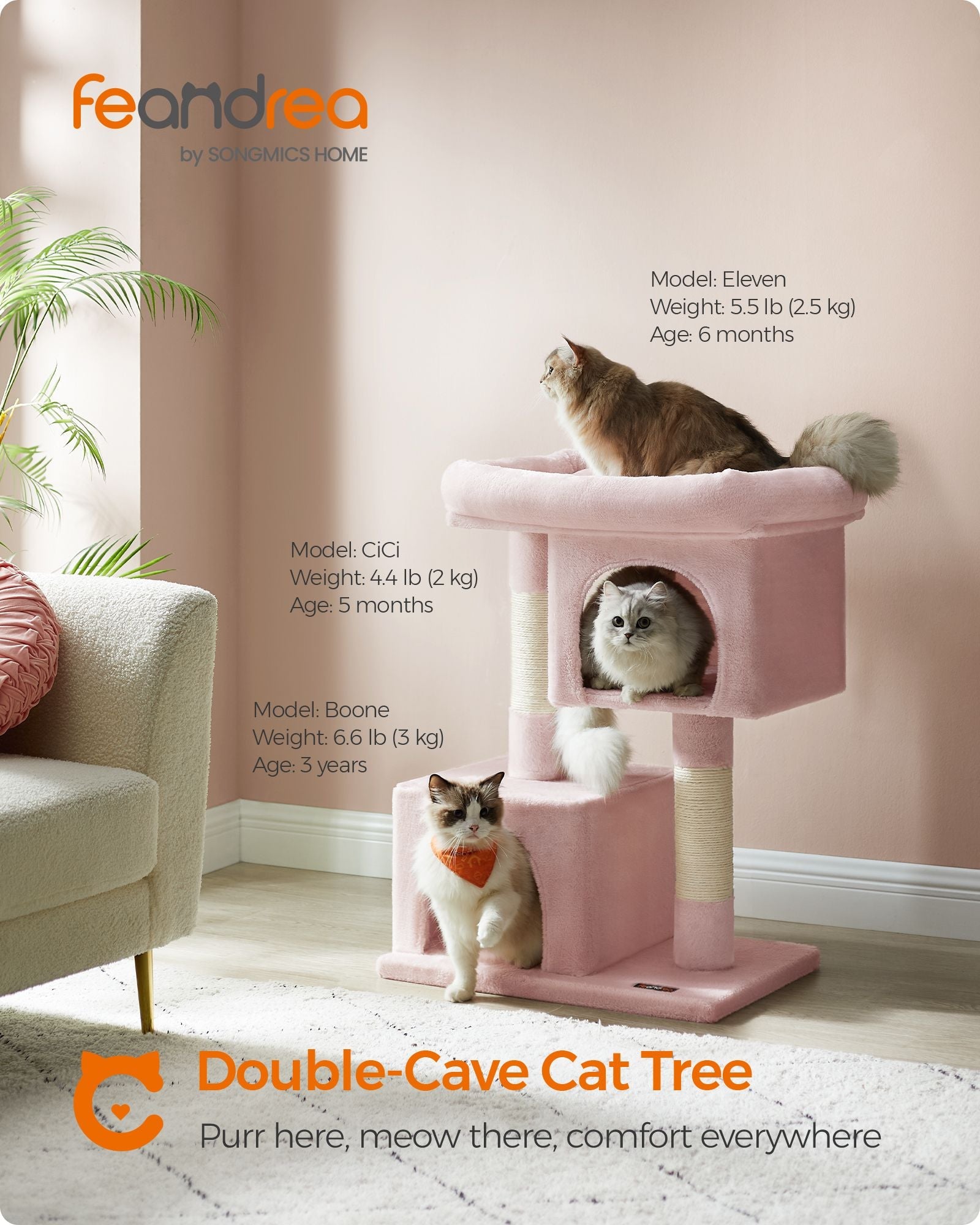 Cat Tree – Engineered Wood – Jelly Pink – Includes Scratching Posts and Cat Caves