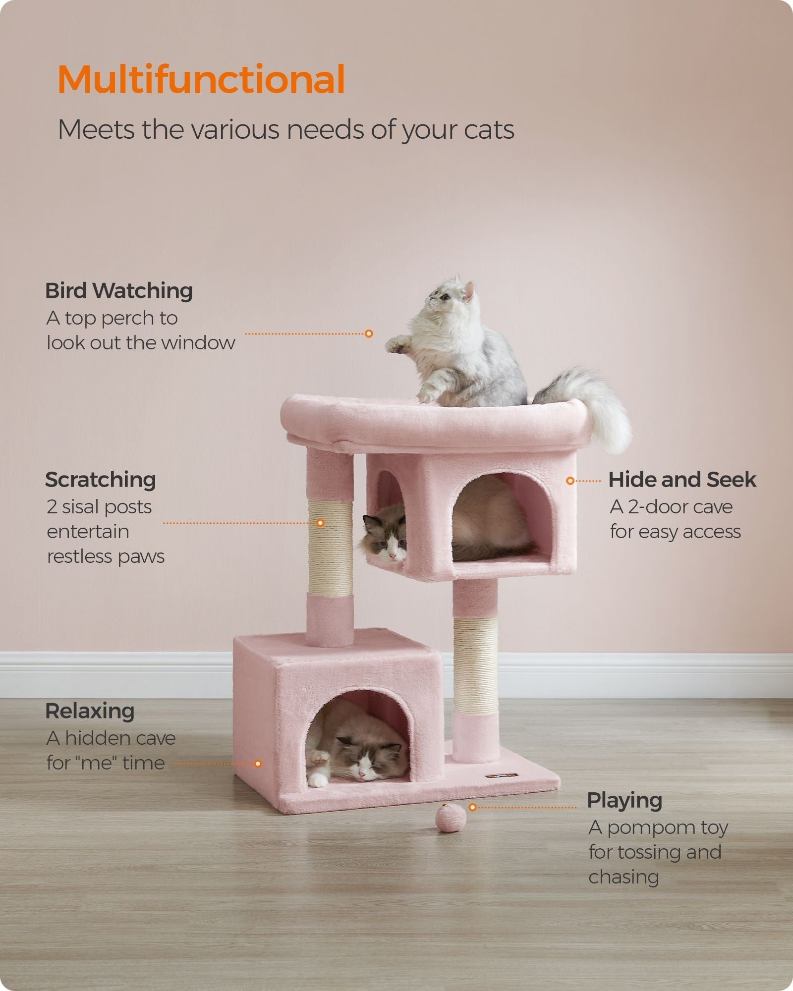Cat Tree – Engineered Wood – Jelly Pink – Includes Scratching Posts and Cat Caves