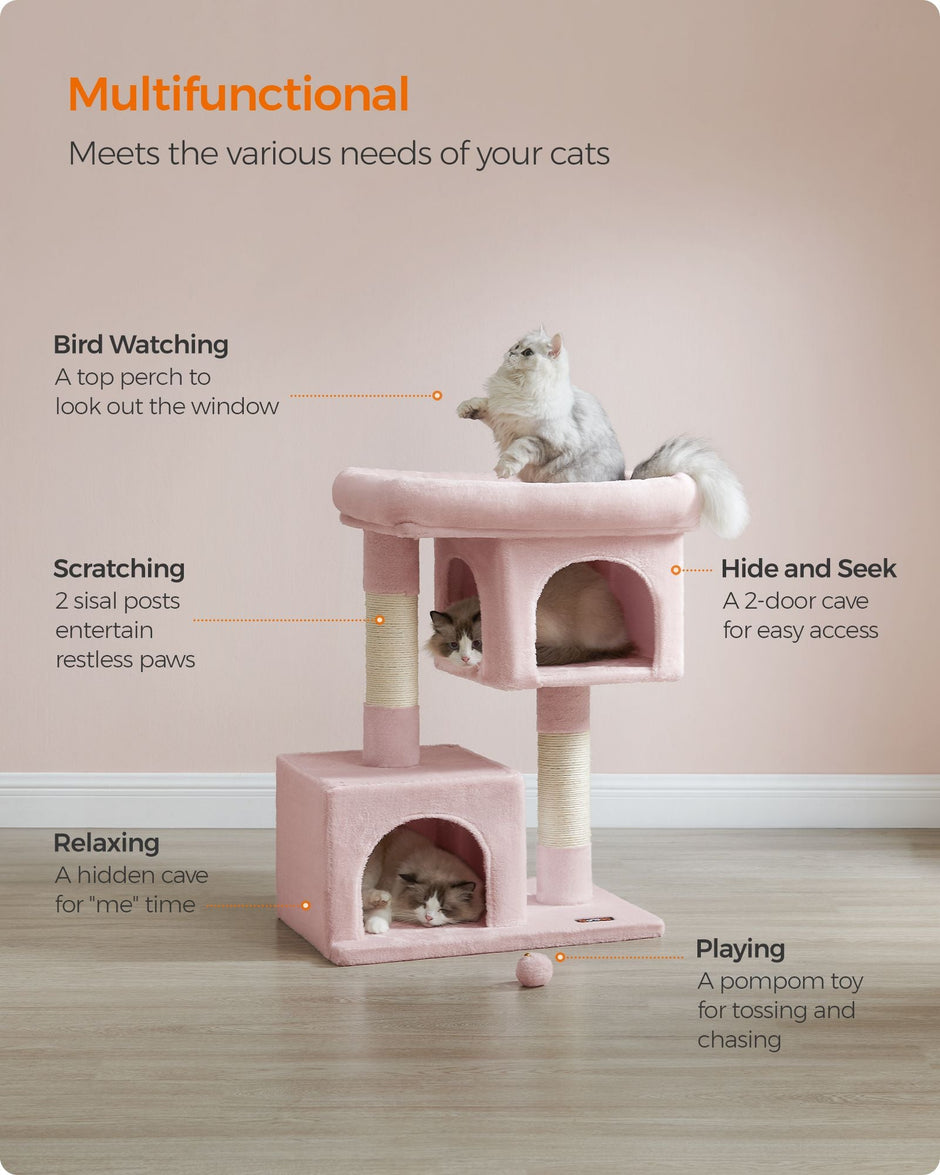 Cat Tree – Engineered Wood – Jelly Pink – Includes Scratching Posts and Cat Caves