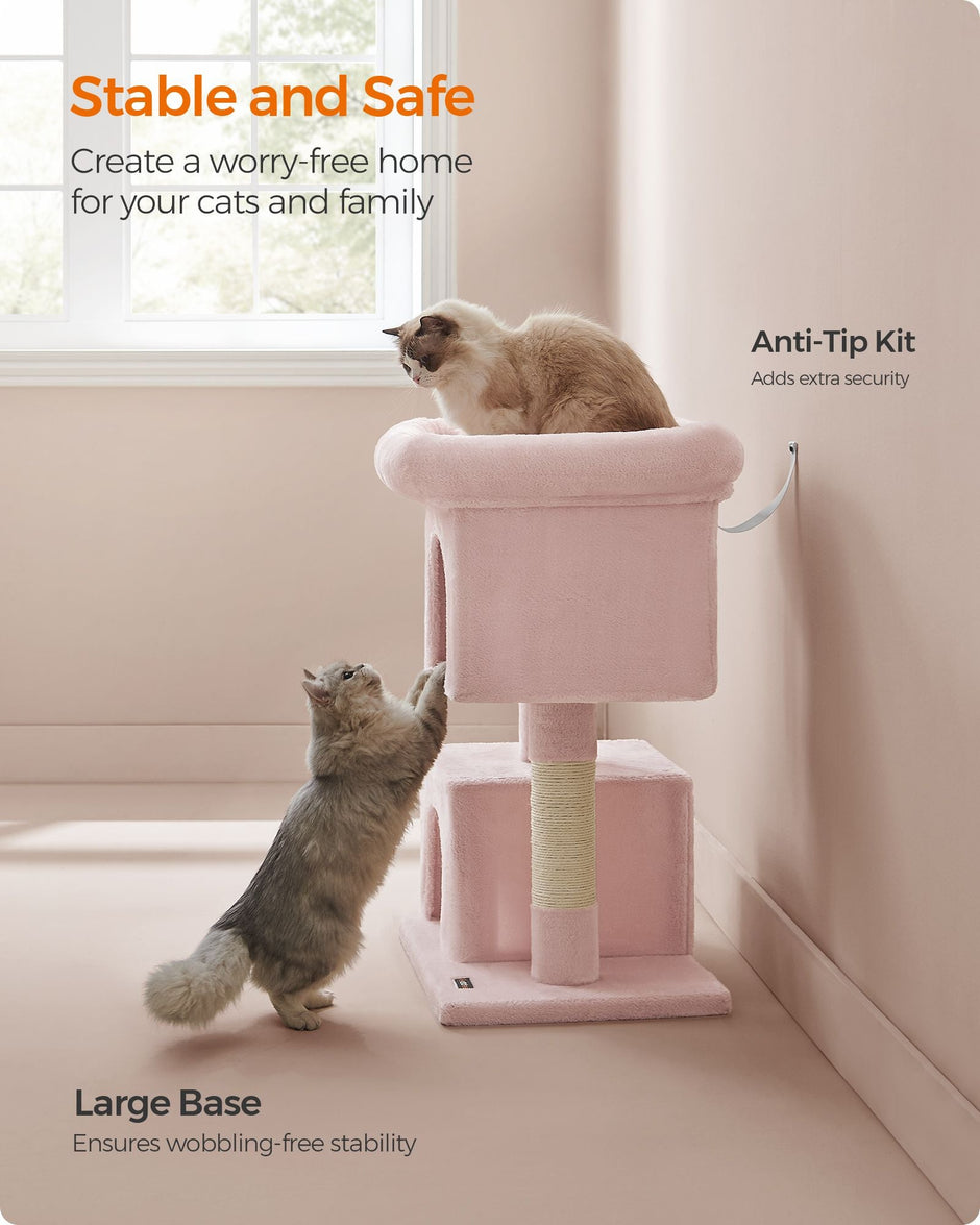 Cat Tree – Engineered Wood – Jelly Pink – Includes Scratching Posts and Cat Caves