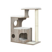 Cat Tree – MDF with Wood Veneer – Vintage Rustic Brown and White – Medium Tower with 3 Beds and Cave