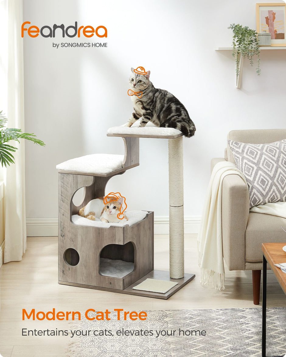 Cat Tree – MDF with Wood Veneer – Heather Greige and Cloud White – Medium with 3 Beds and Cave