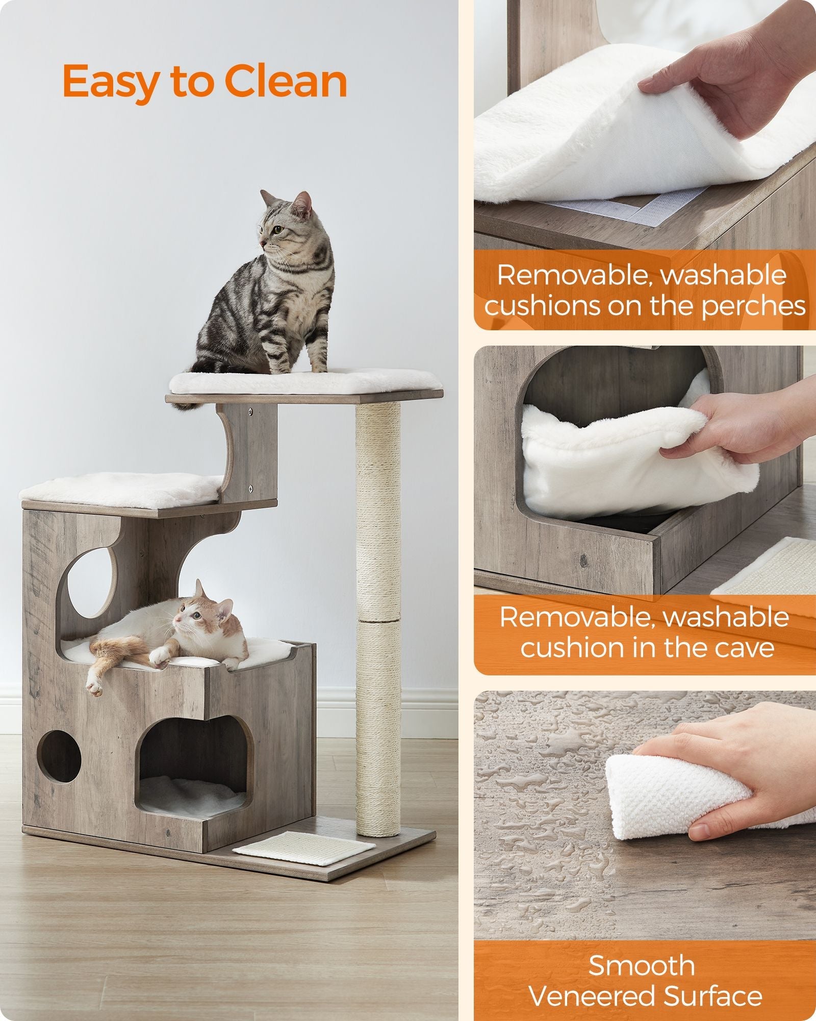 Cat Tree – MDF with Wood Veneer – Heather Greige and Cloud White – Medium with 3 Beds and Cave