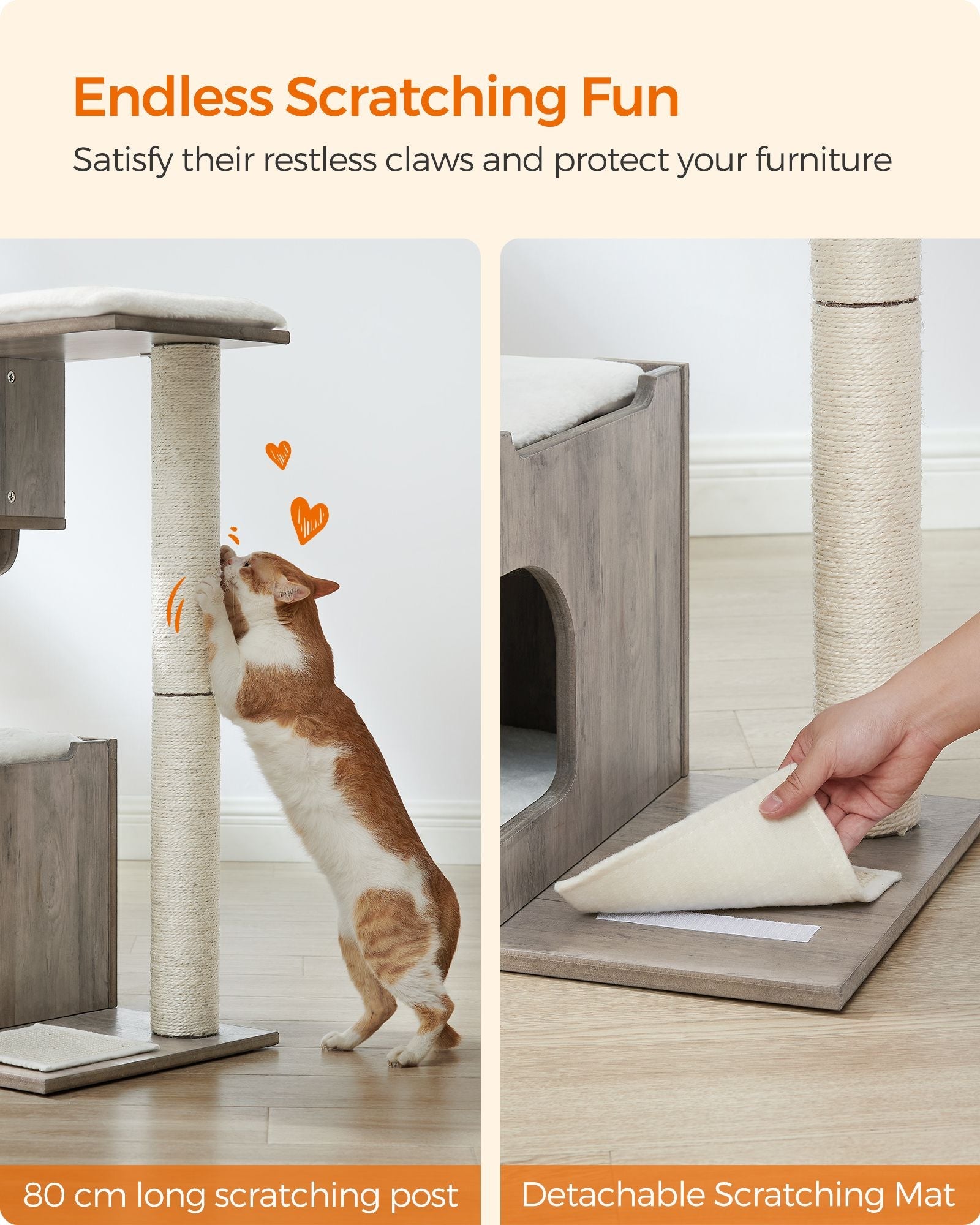 Cat Tree – MDF with Wood Veneer – Heather Greige and Cloud White – Medium with 3 Beds and Cave