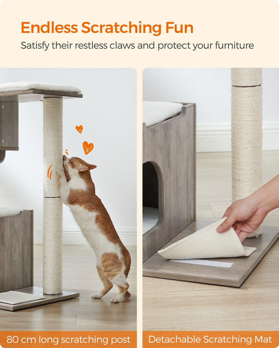 Cat Tree – MDF with Wood Veneer – Heather Greige and Cloud White – Medium with 3 Beds and Cave