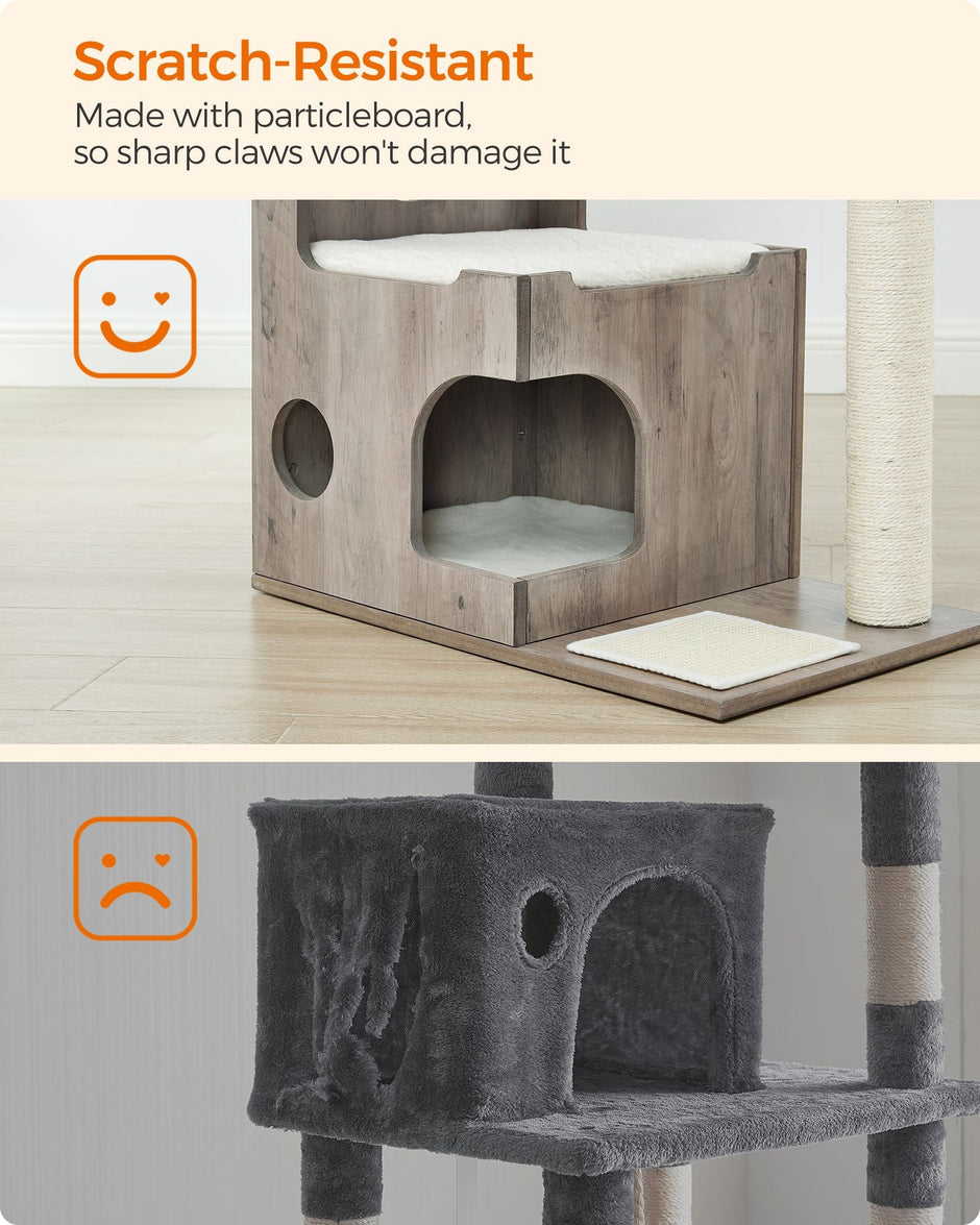 Cat Tree – MDF with Wood Veneer – Heather Greige and Cloud White – Medium with 3 Beds and Cave