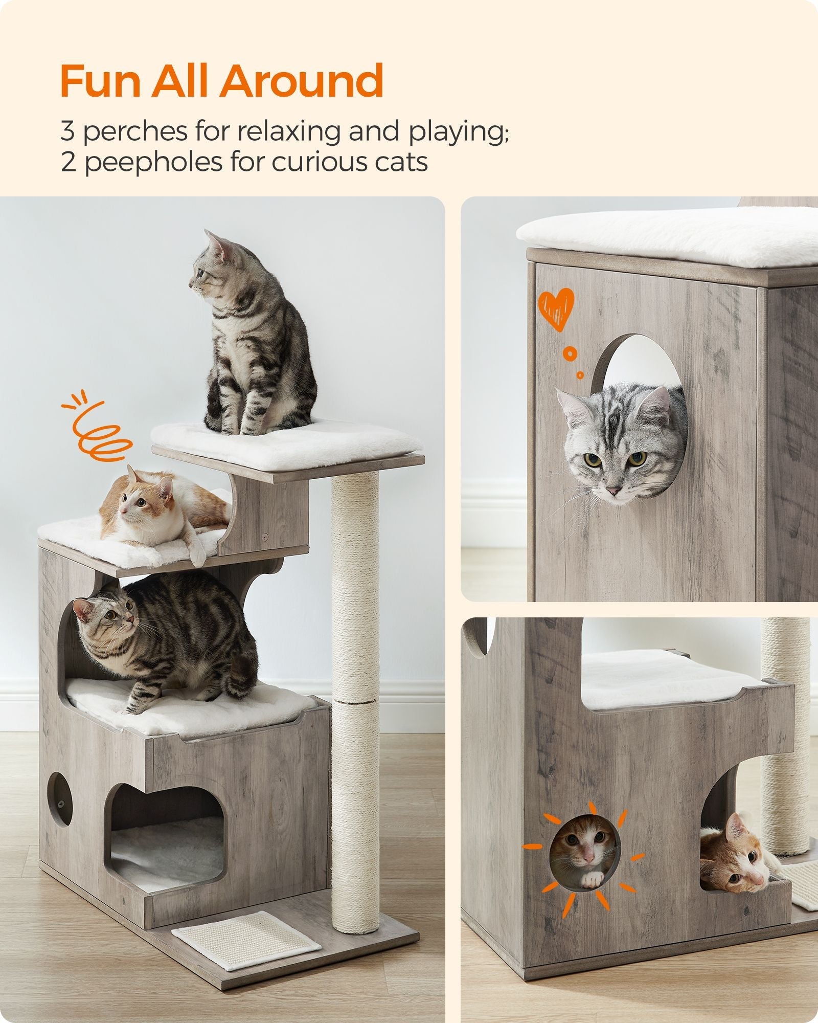 Cat Tree – MDF with Wood Veneer – Heather Greige and Cloud White – Medium with 3 Beds and Cave