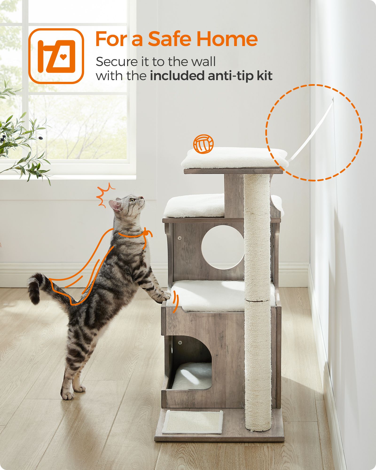 Cat Tree – MDF with Wood Veneer – Heather Greige and Cloud White – Medium with 3 Beds and Cave